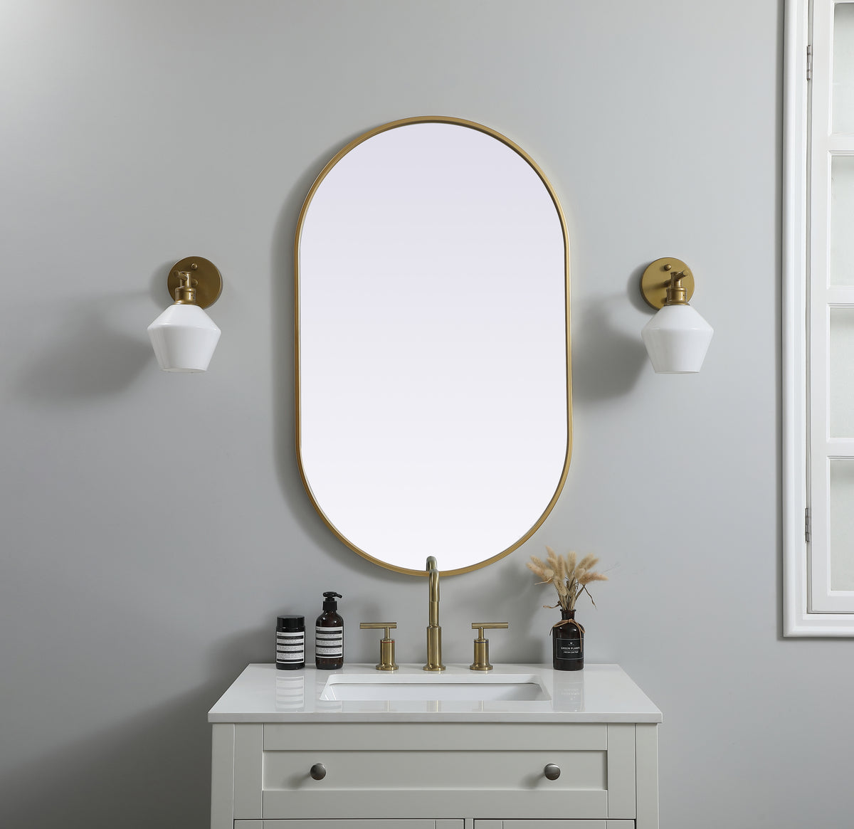 Metal Frame Oval Mirror 24x40 Inch in Brass