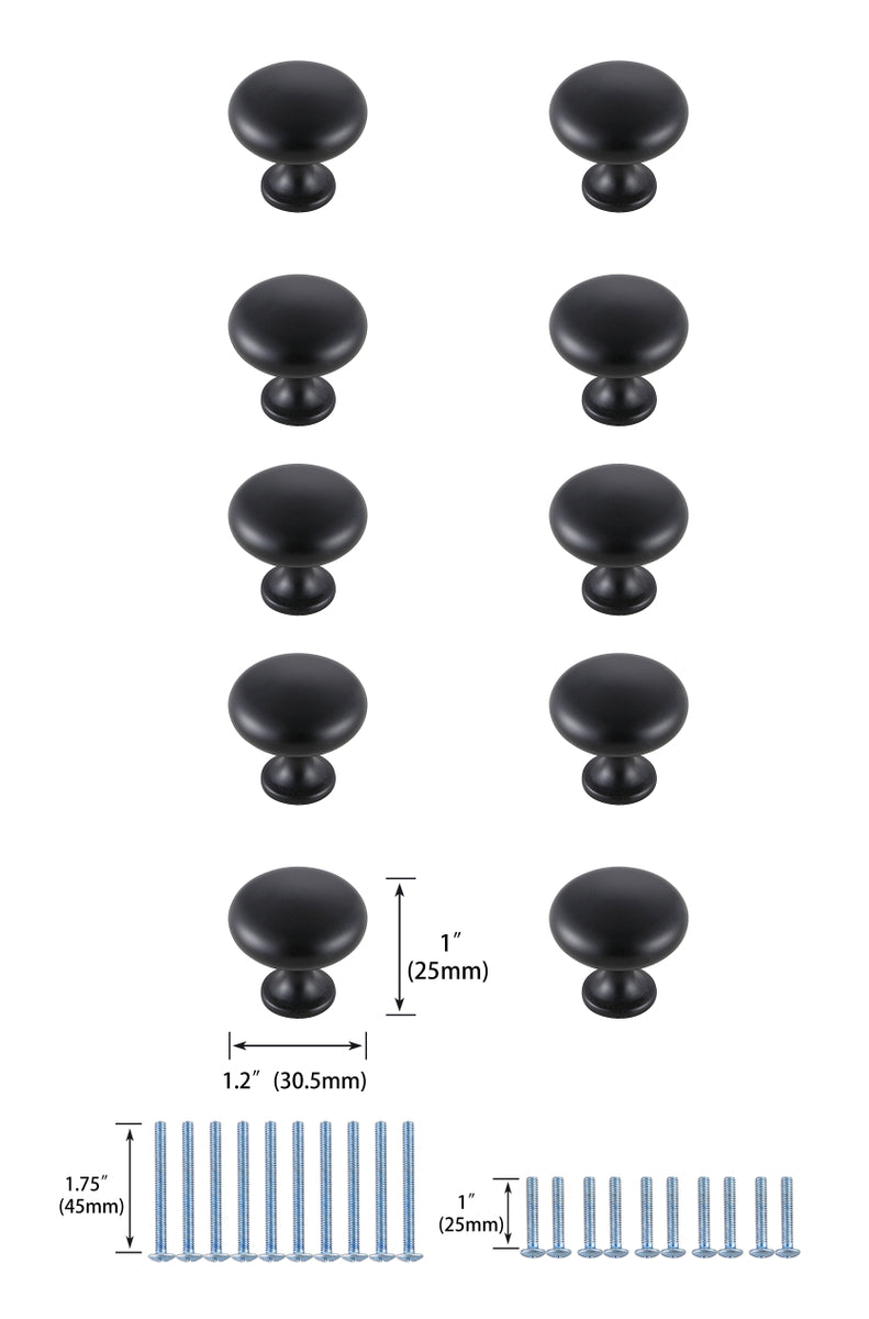 Cadon 1.2" Diameter Matte Black Mushroom Knob Multipack (Set of 10)