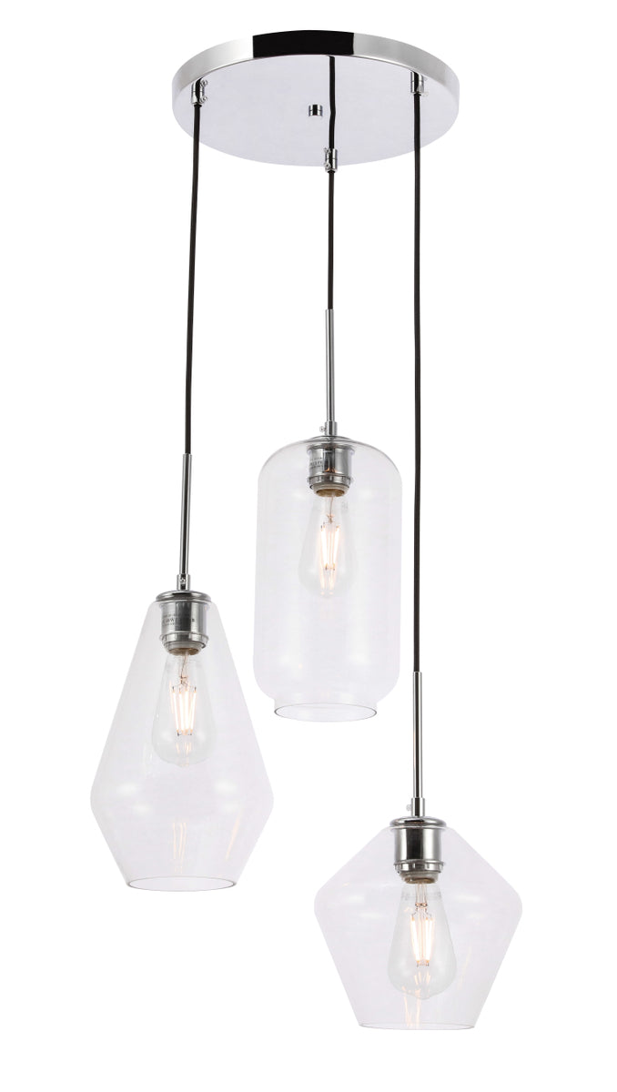 Gene 3 light Chrome and Clear glass pendant