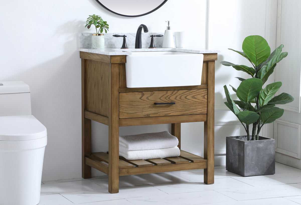 30 inch Single bathroom vanity in driftwood with backsplash