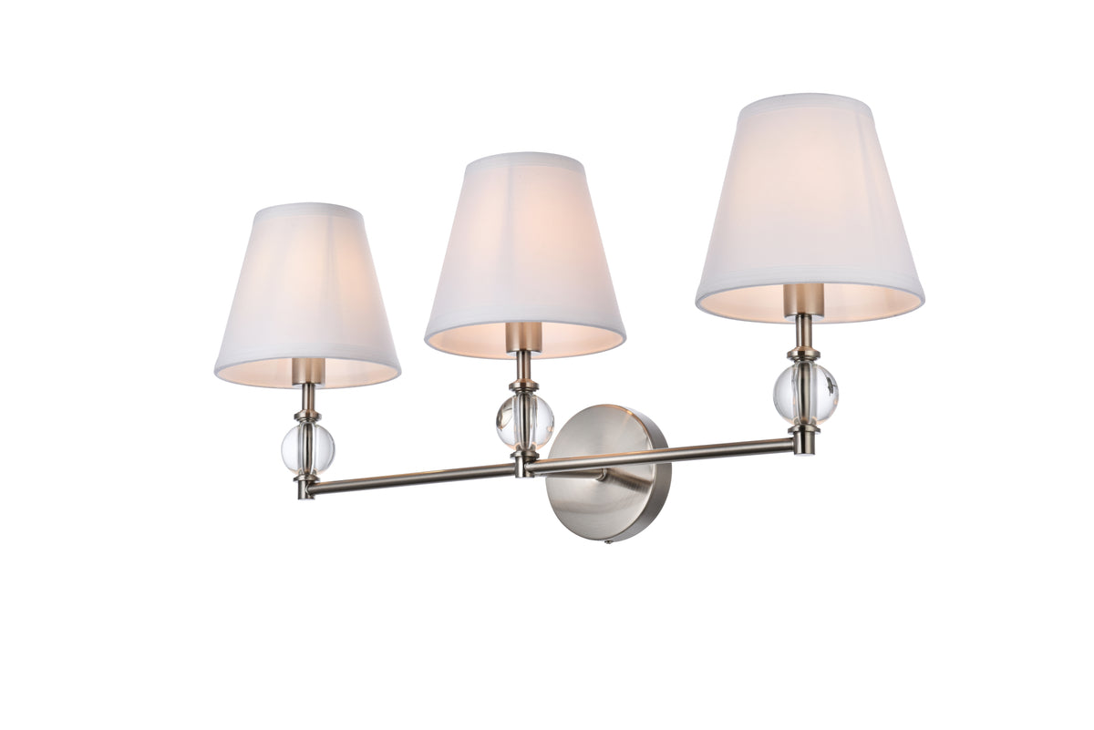 Bethany 3 lights bath sconce in satin nickel with white fabric shade