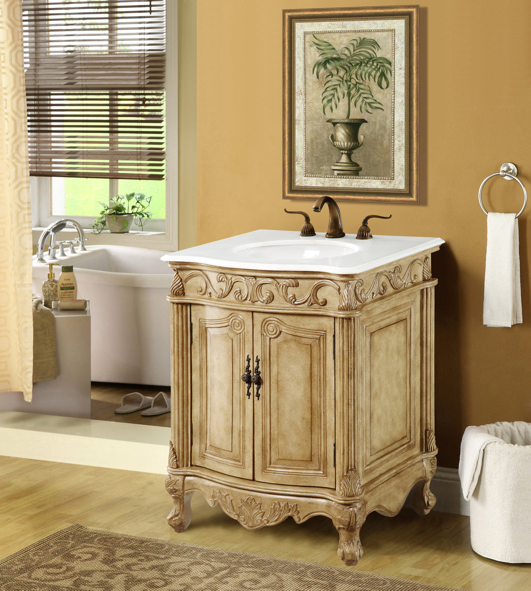 27 inch Single Bathroom vanity in Antique Beige with ivory white engineered marble