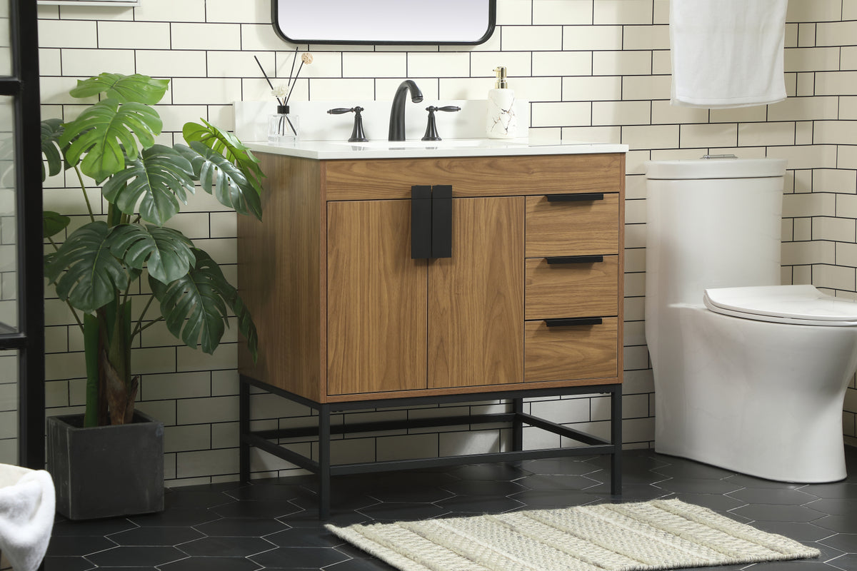32 inch Single bathroom vanity in walnut brown with backsplash