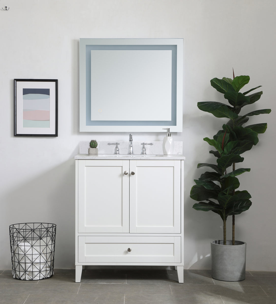 30 inch Single Bathroom Vanity in White with Backsplash