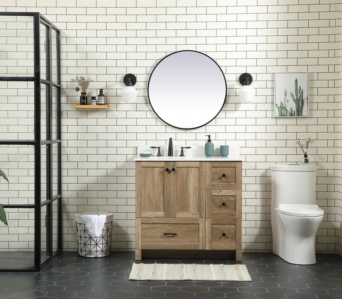 36 inch Single bathroom vanity in natural oak with backsplash