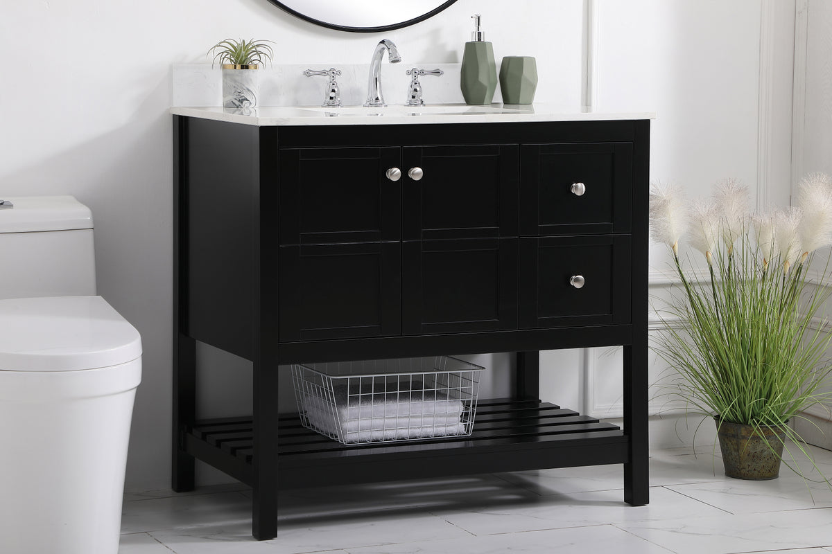 36 inch Single Bathroom Vanity in Black with Backsplash