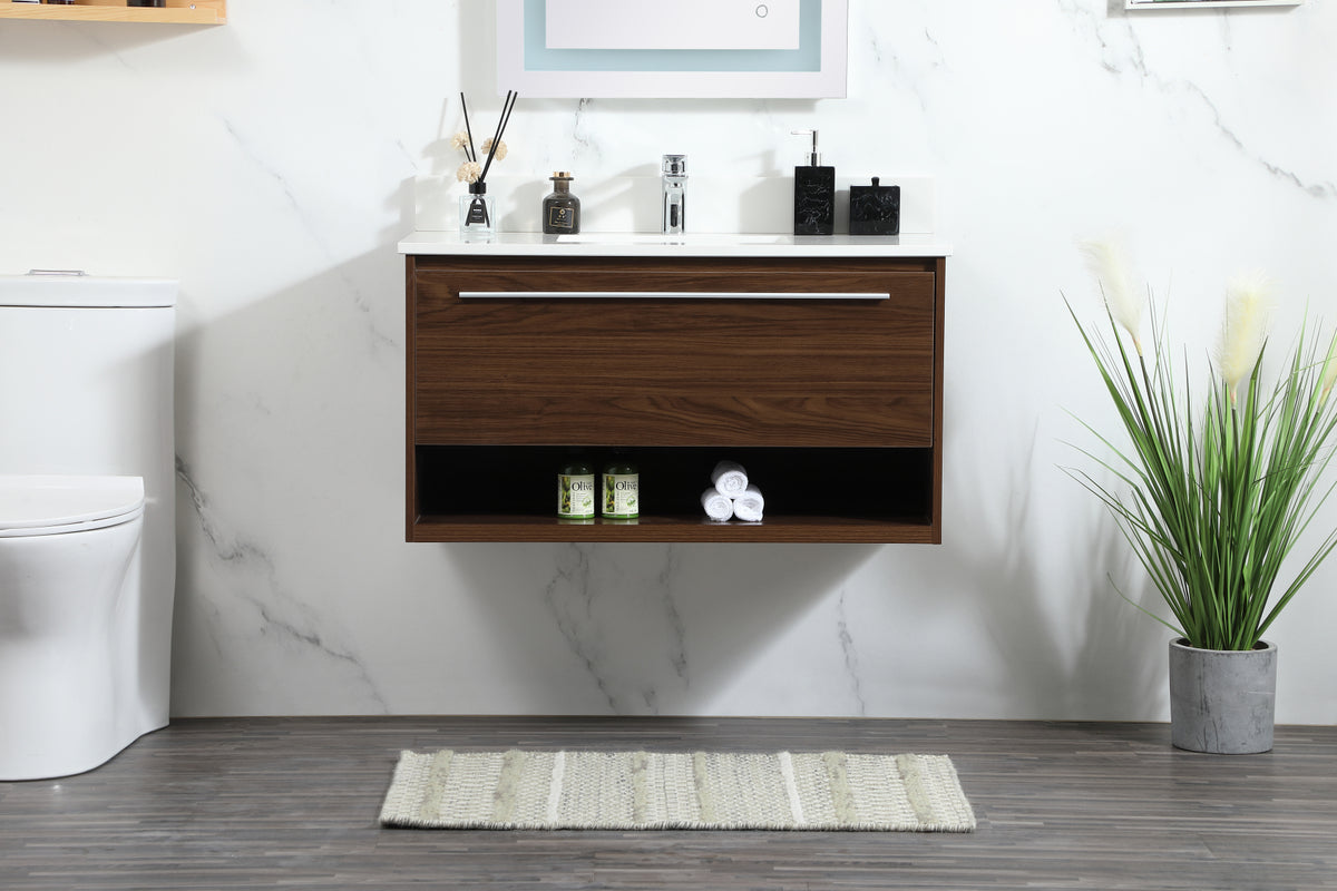 36 inch Single bathroom vanity in walnut with backsplash