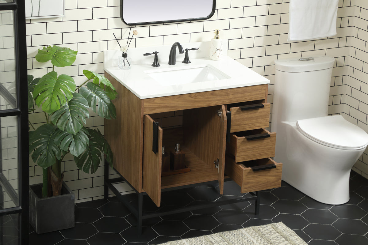 32 inch Single bathroom vanity in walnut brown with backsplash