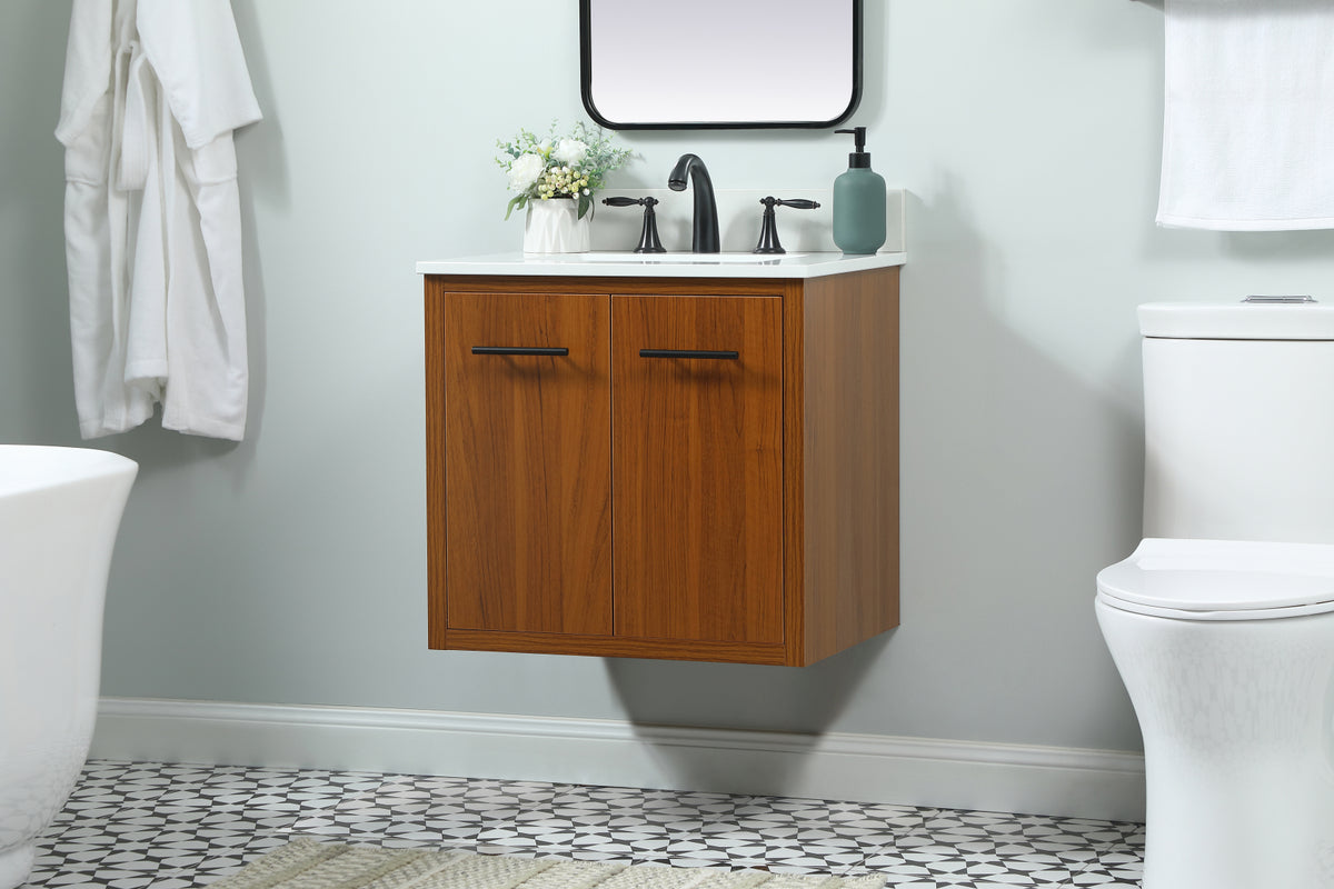 24 inch Single bathroom vanity in teak with backsplash