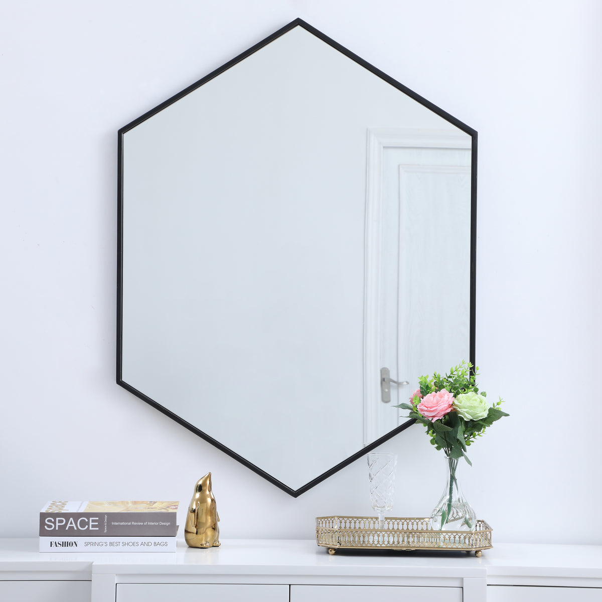 Metal frame hexagon mirror 30 inch in Black