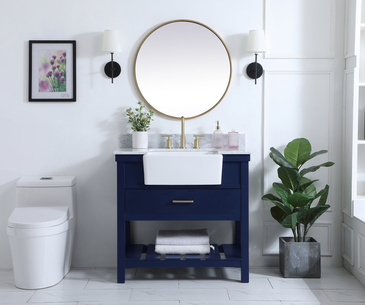 36 inch Single bathroom vanity in blue with backsplash