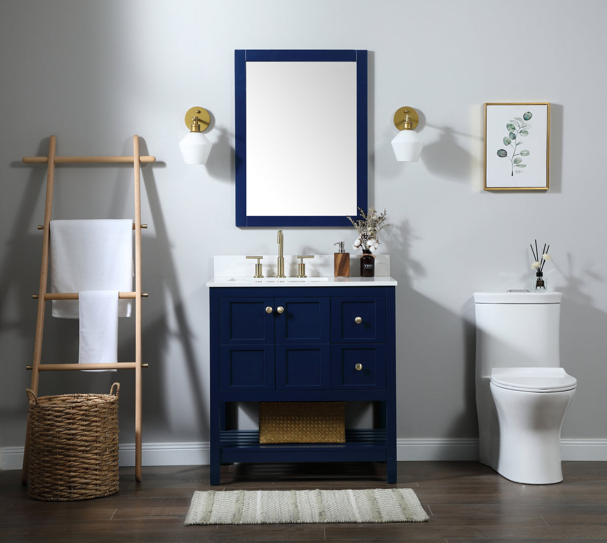 32 inch Single bathroom vanity in blue with backsplash