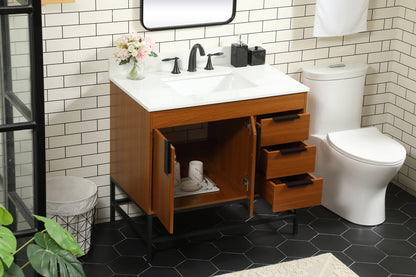 36 inch Single bathroom vanity in teak with backsplash