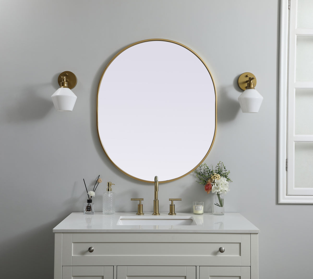 Metal Frame Oval Mirror 30x36 Inch in Brass