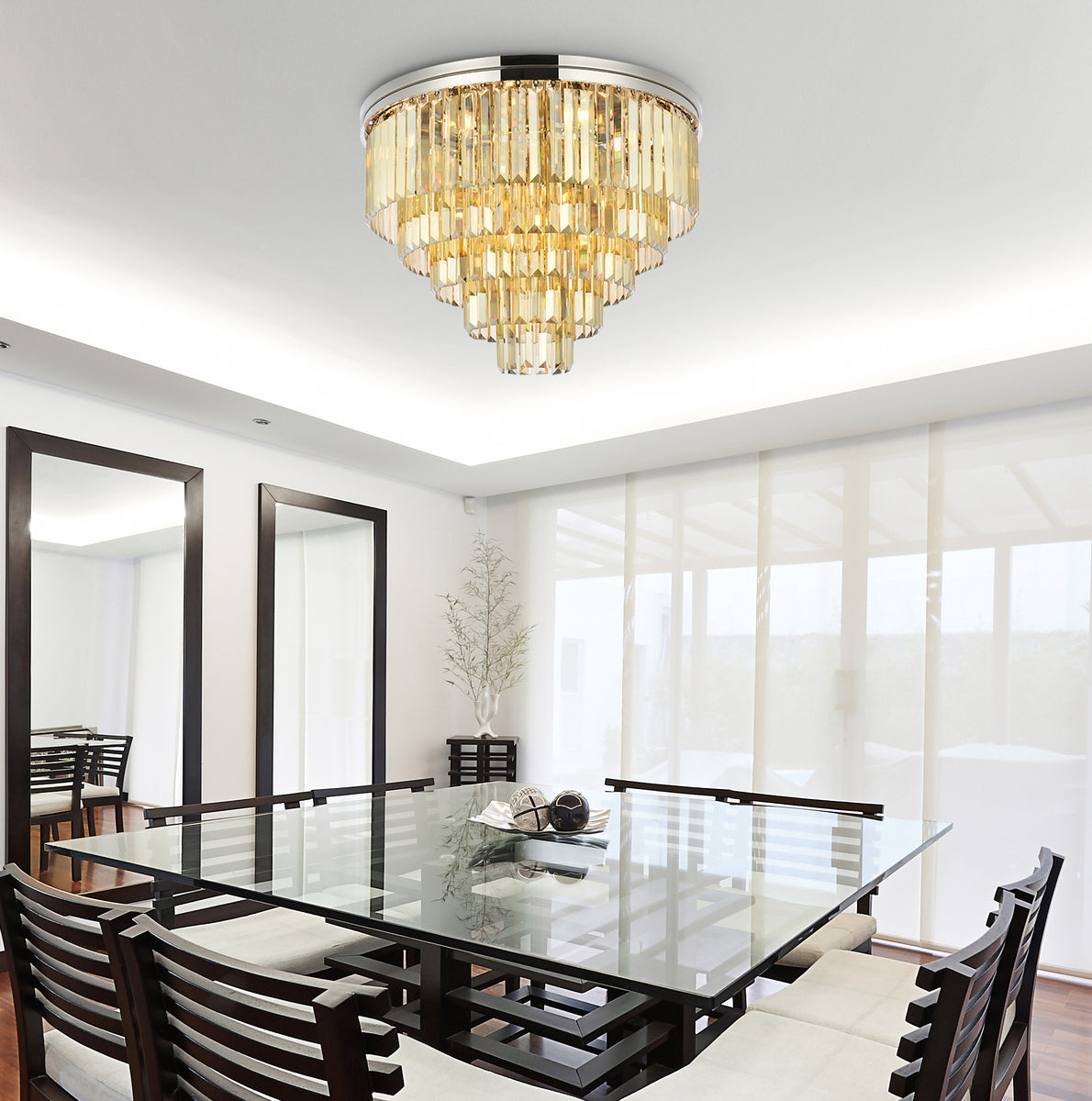 Sydney 17 light polished nickel Flush Mount Golden Teak (Smoky) Royal Cut Crystal