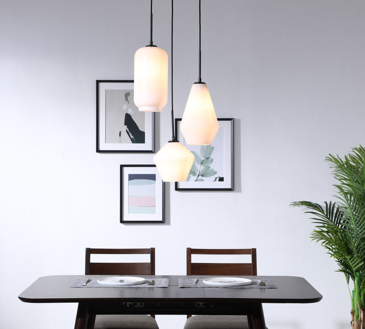 Gene 3 light Black and Frosted white glass pendant