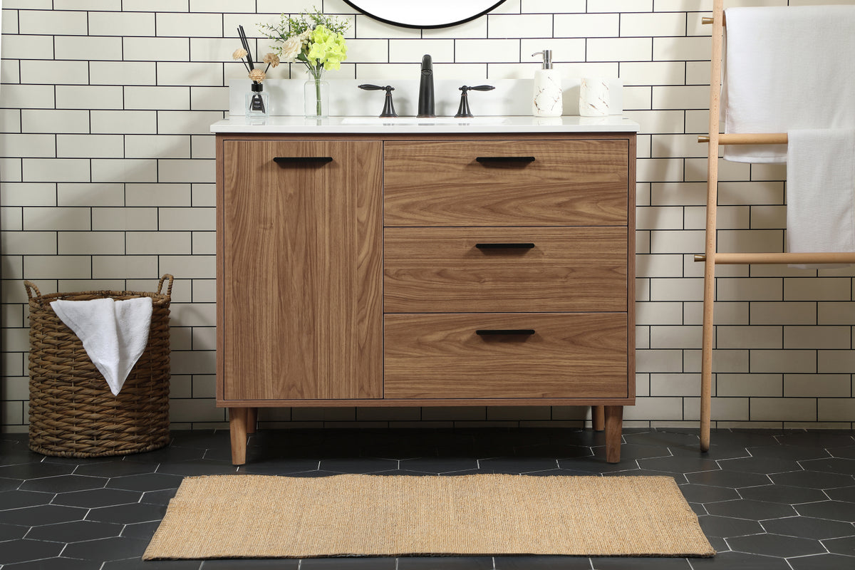 42 inch Single bathroom vanity in walnut brown with backsplash