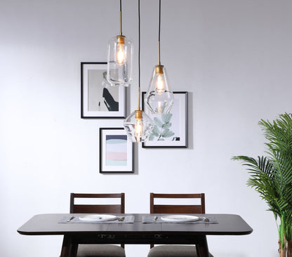 Gene 3 light Brass and Clear glass pendant