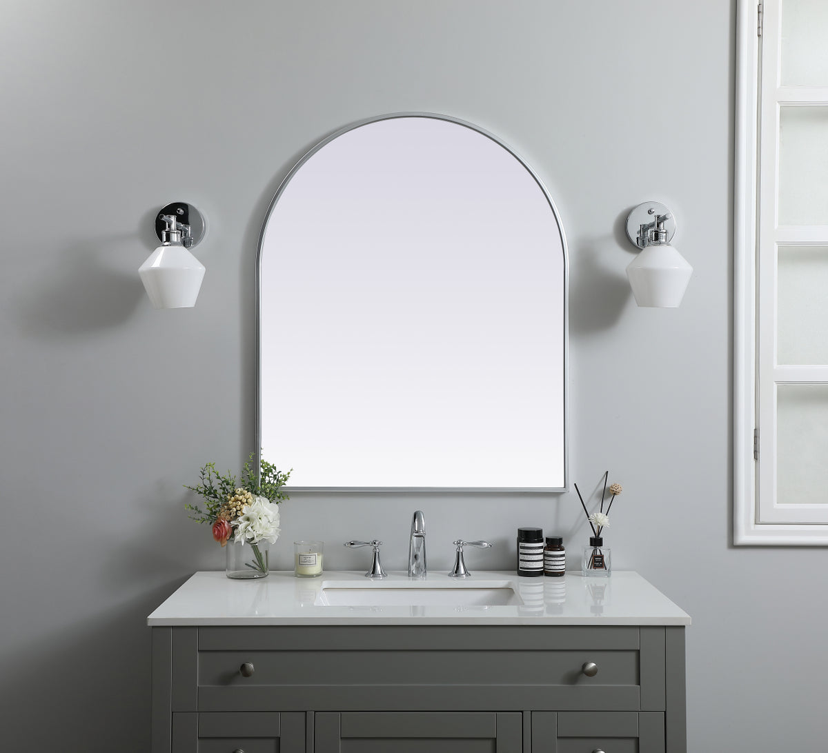 Metal Frame Arch Mirror 30x36 Inch in Silver