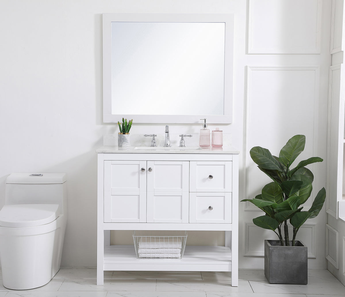 36 inch Single Bathroom Vanity in White with Backsplash