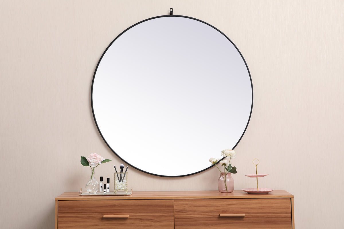 Metal frame round mirror with decorative hook 45 inch in Black