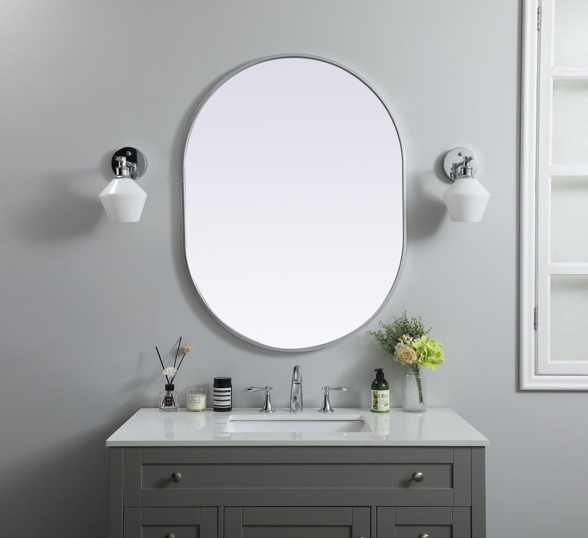 Metal Frame Oval Mirror 30x40 Inch in Silver