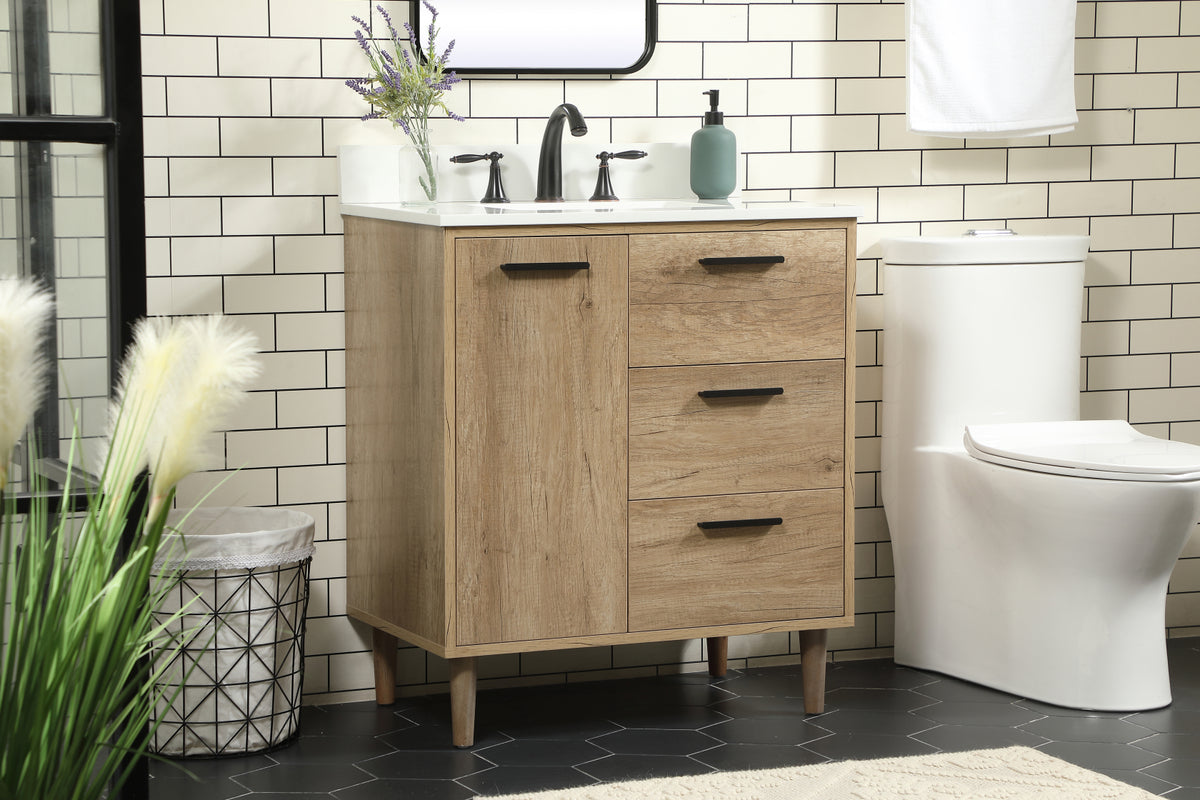 30 inch Single bathroom vanity in natural oak with backsplash