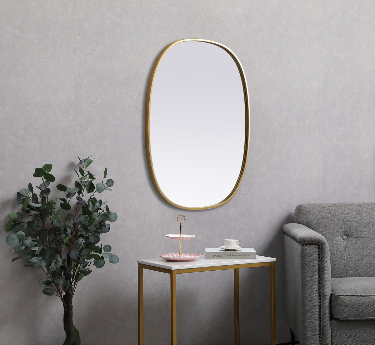 Metal Frame Oval Mirror 24x30 Inch in Brass