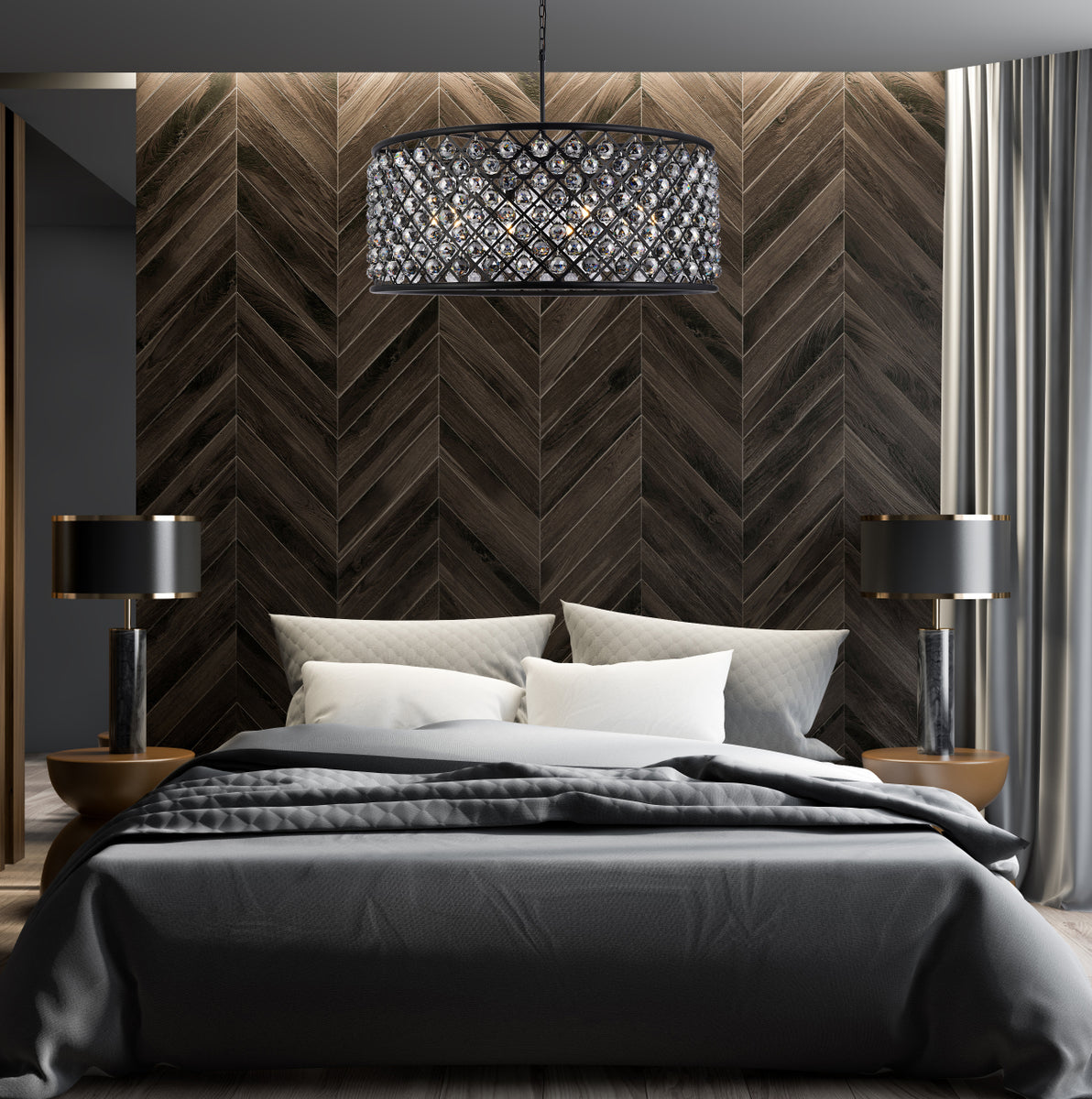 Madison 10 light Matte Black Chandelier Silver Shade (Grey) Royal Cut Crystal