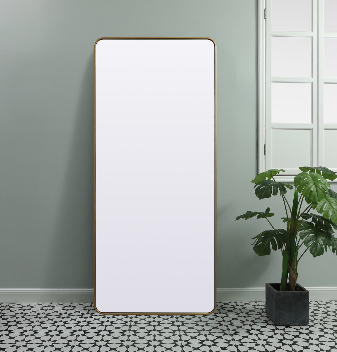 Soft Corner Metal Rectangle Full Length Mirror 32x72 Inch in Brass