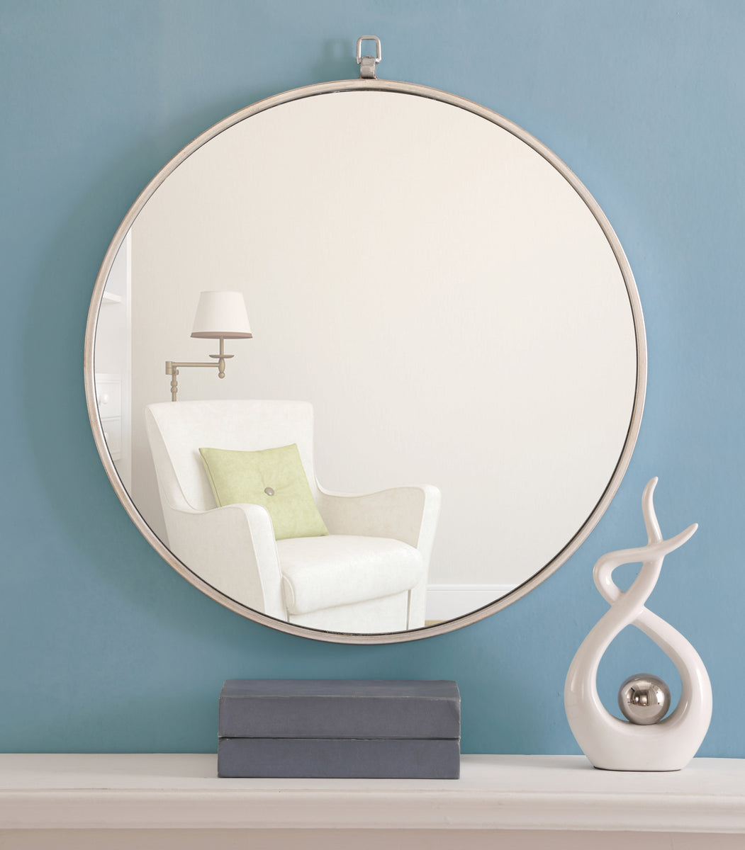 Metal frame Round Mirror with decorative hook 24 inch Silver finish
