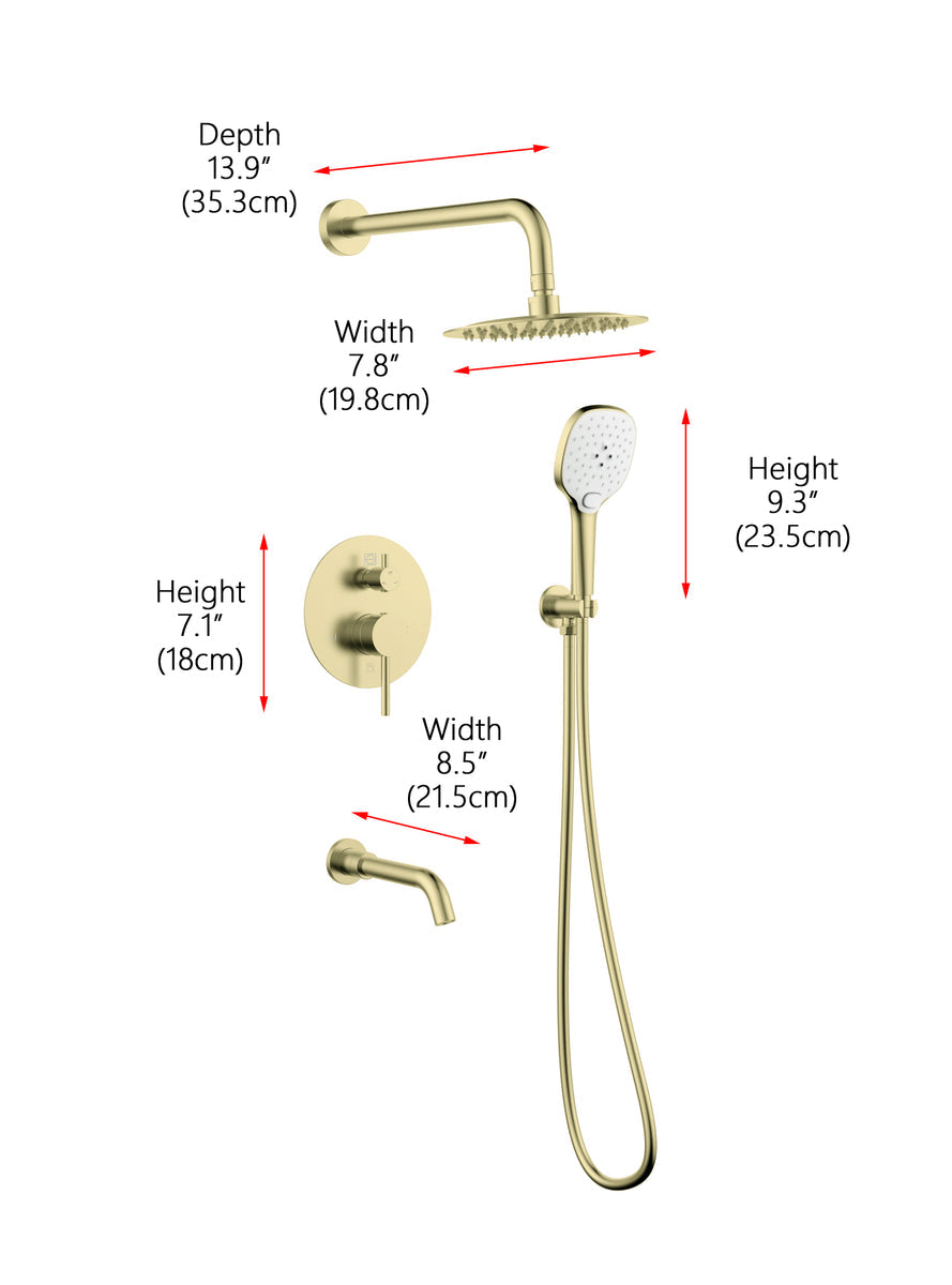 George Complete Shower and Tub Faucet with Rough-in Valve in Brushed Gold