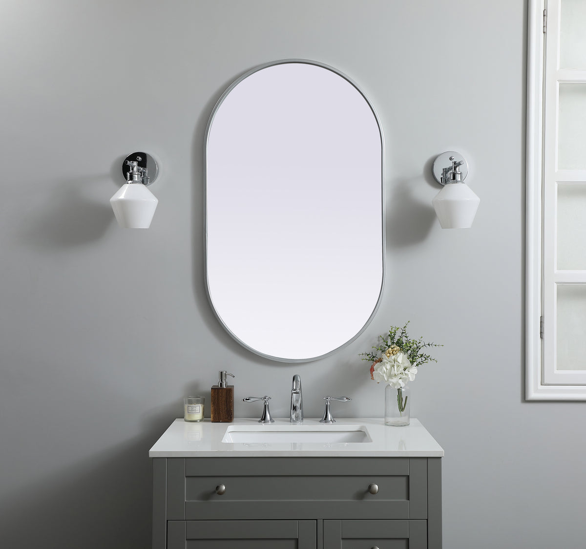 Metal Frame Oval Mirror 24x40 Inch in Silver