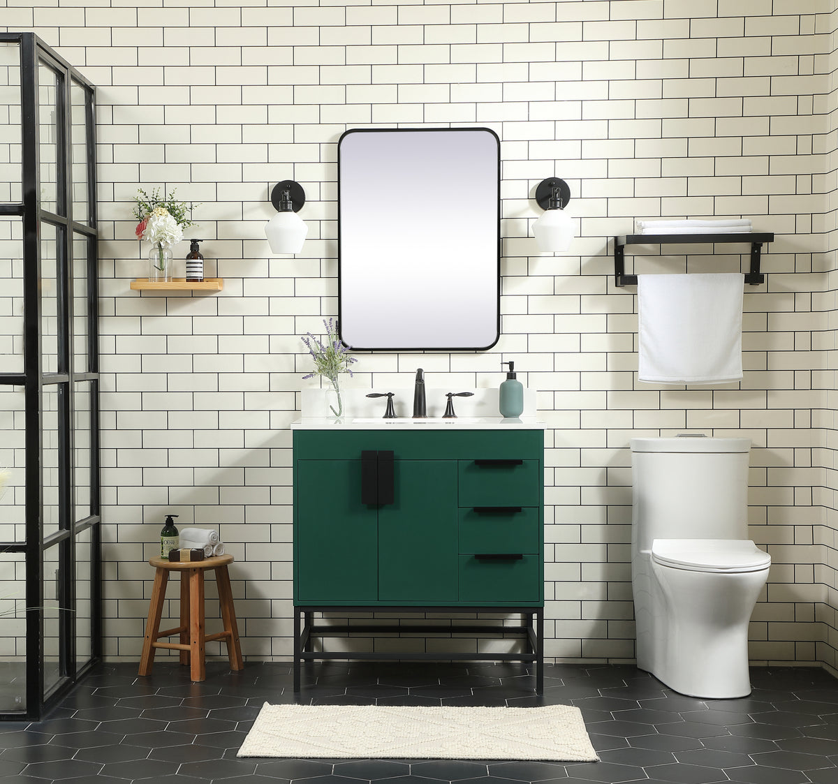 32 inch Single bathroom vanity in green with backsplash