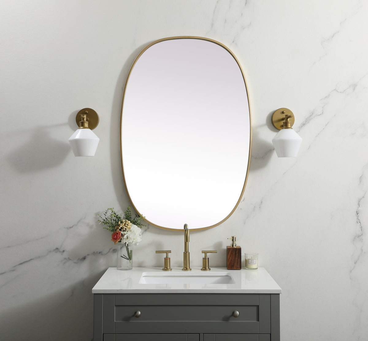 Metal Frame Oval Mirror 27x40 Inch in Brass