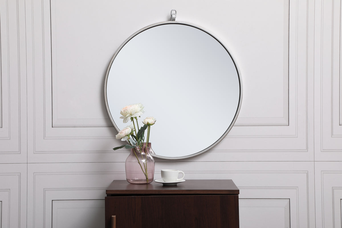 Metal frame round mirror with decorative hook 21 inch in silver