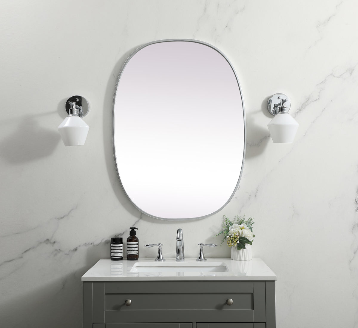 Metal Frame Oval Mirror 27x36 Inch in Silver