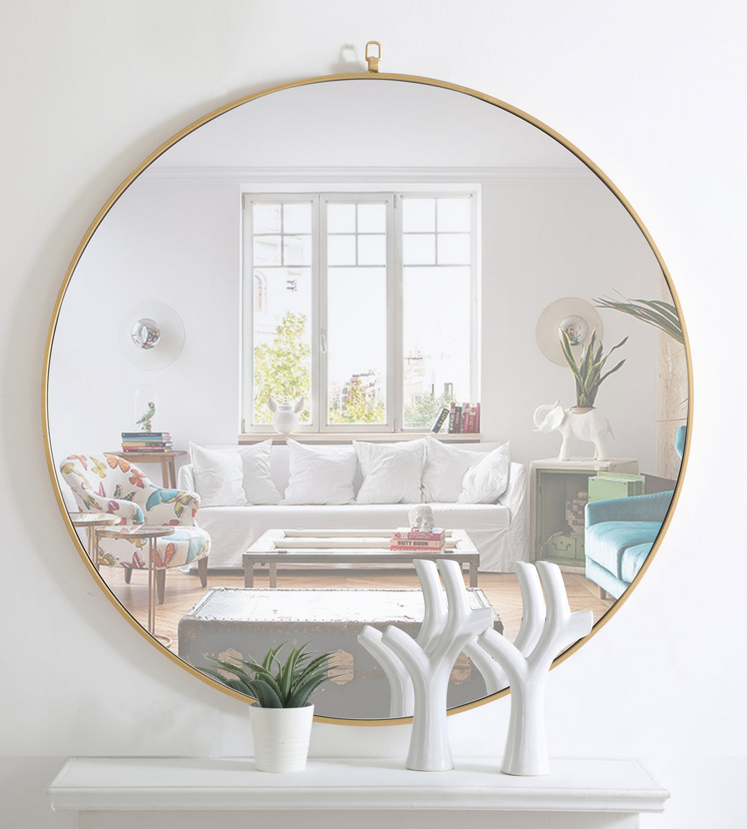 Metal frame Round Mirror with decorative hook 48 inch Brass finish
