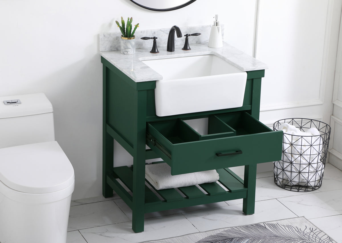 30 inch Single bathroom vanity in green with backsplash