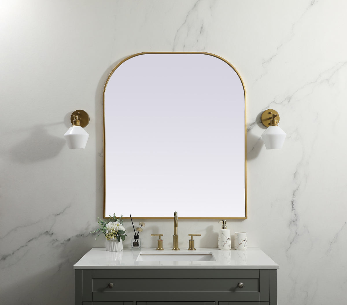 Metal Frame Arch Mirror 36x34 Inch in Brass