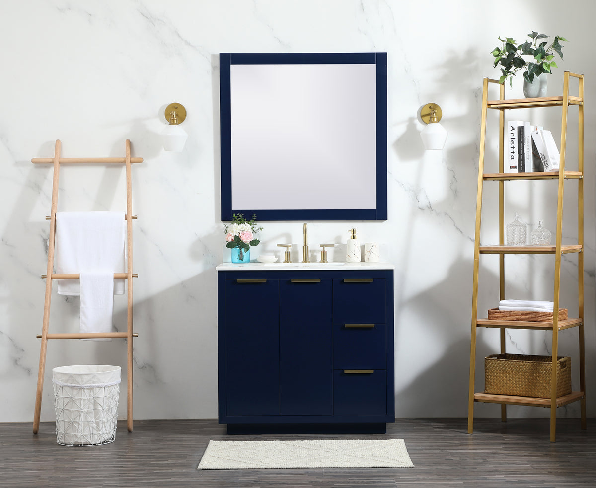 36 inch Single bathroom vanity in blue with backsplash