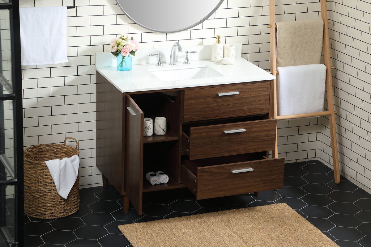 42 inch bathroom vanity in Walnut with backsplash