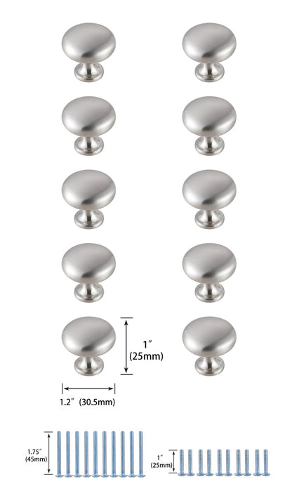Cadon 1.2" Diameter Brushed Nickel Mushroom Knob Multipack (Set of 10)