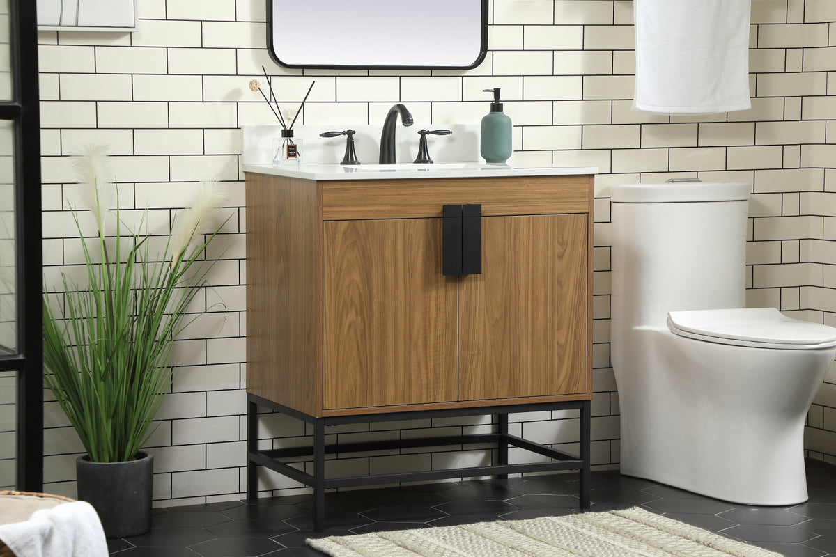 30 inch Single bathroom vanity in walnut brown with backsplash