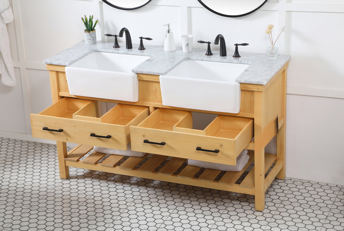 60 inch double bathroom vanity in natural wood
