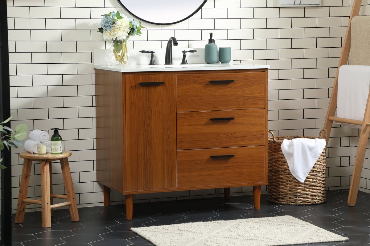 36 inch bathroom vanity in Teak with backsplash