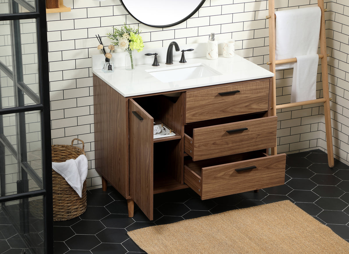 42 inch Single bathroom vanity in walnut brown with backsplash