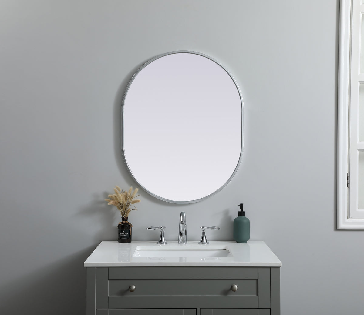 Metal Frame Oval Mirror 24x30 Inch in Silver