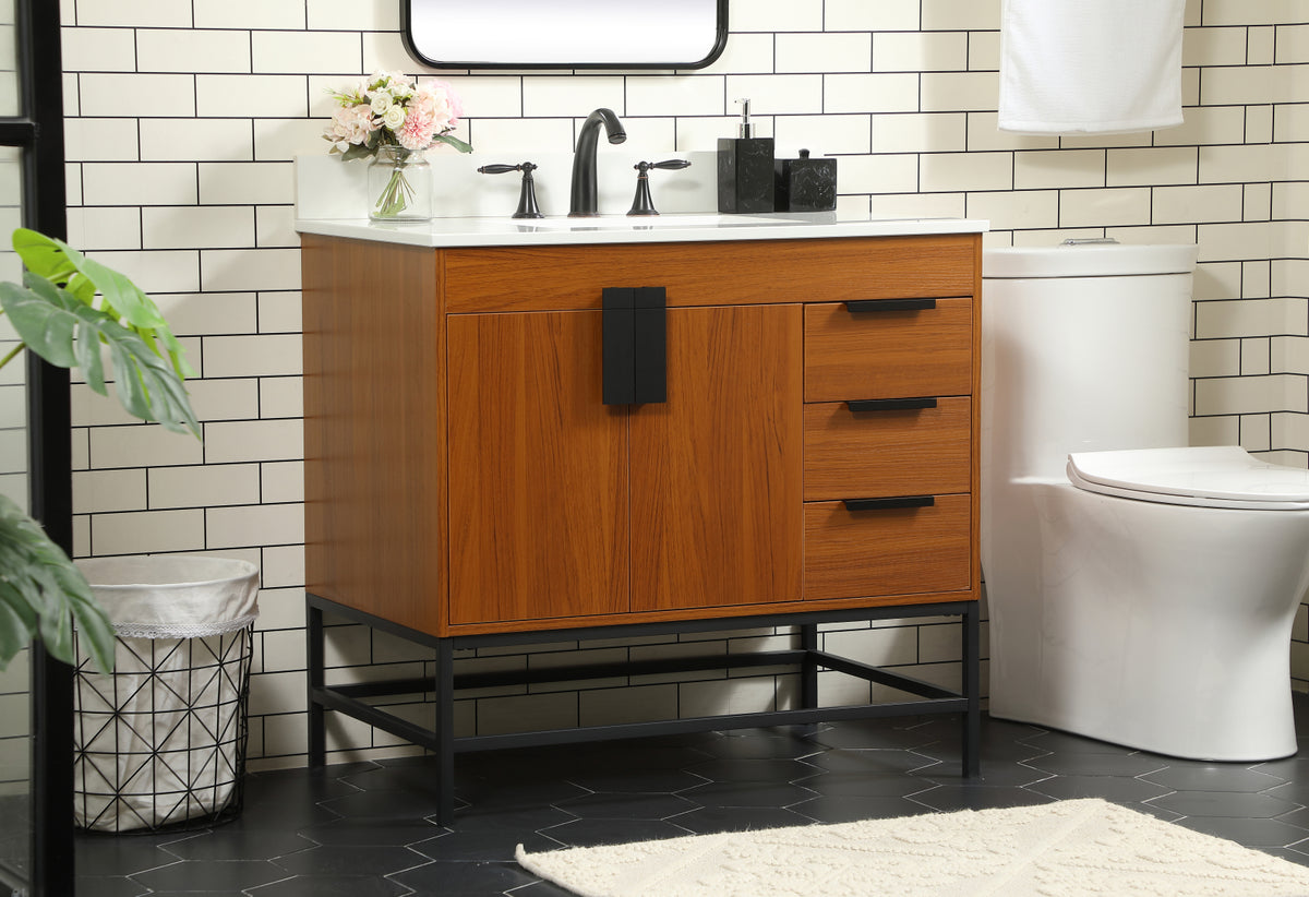 36 inch Single bathroom vanity in teak with backsplash