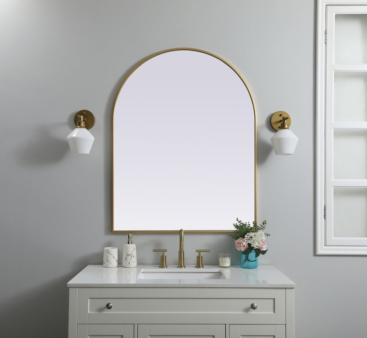 Metal Frame Arch Mirror 33x42 Inch in Brass